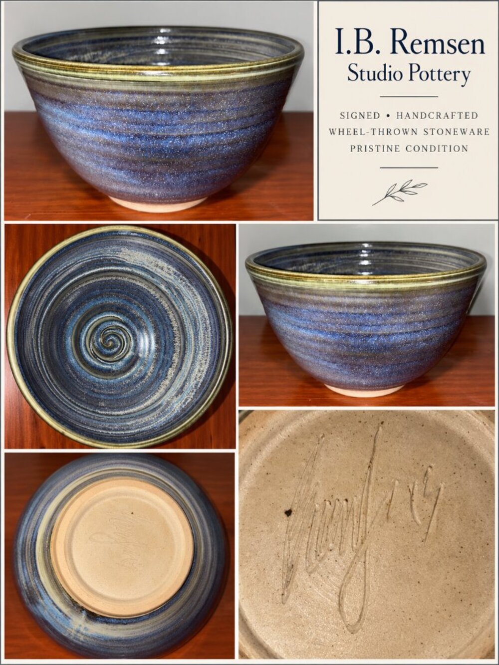 I.B. Remsen Signed Studio Pottery Bowl Blue Purple Wheel Thrown Stoneware